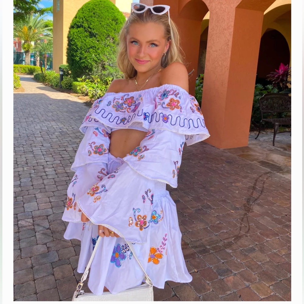 Sequin White Ruffle Two Piece Set